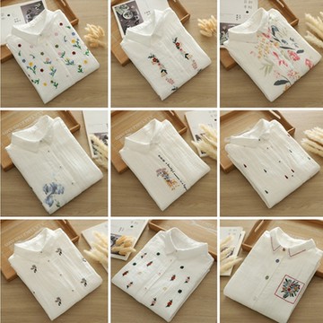 設計所在 知性小文藝 文藝繡花秋裝柔軟全棉長袖雙層棉紗長袖襯衫多色可選