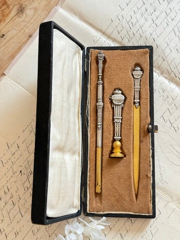 40389-法國古董文具組-沾水筆 拆信刀 封蠟章含盒