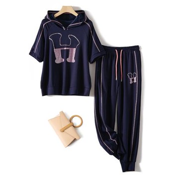 短袖連帽衛衣高級感兩件套女時髦夏裝搭配一整套時尚休閑運動套裝