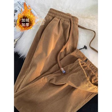 棕色燈芯絨闊腿褲子女秋冬季加絨加厚寬松高腰顯瘦直筒運動休閑褲