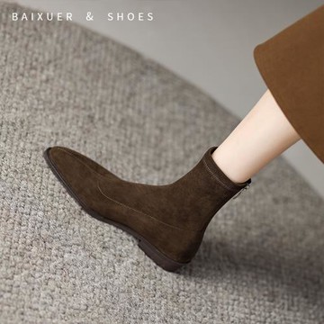 英倫風尖頭顯瘦低跟百搭短靴女2024秋冬季后拉鏈彈力瘦瘦靴單靴子