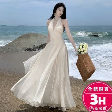【梨卡】 隔日到貨 女裝 連身裙 洋裝喜宴 度假長洋裝 露背連身裙 收腰連身裙 綁帶連身裙 C6577 【現貨24H】