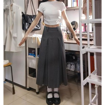 百褶西裝半身裙女高腰春季大碼胖mm遮肚顯瘦梨形身材中長款a字裙