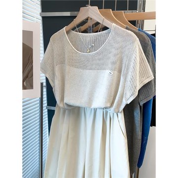 鏤空圓領飛飛袖針織衫女2025夏裝新款寬松上衣薄款短袖洋氣t恤衫