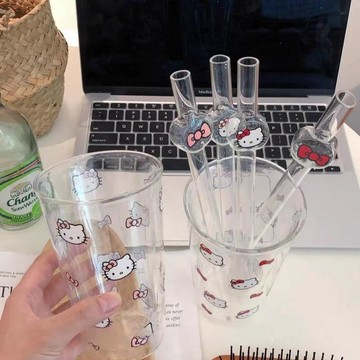 🔥臺灣出貨🔥可愛卡通kt貓玻璃杯大口徑玻璃吸管加厚耐熱喝珍珠奶茶吸管女生用