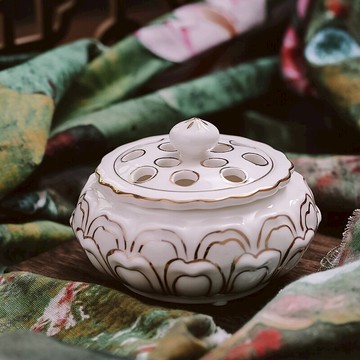 家用室內茶道佛堂熏香爐陶瓷蓮花檀香座盤香爐白瓷荷花禪意香薰爐