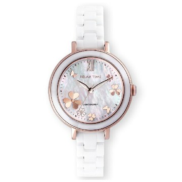 Relax Time  RT-110S-01 拾光花語光動能陶瓷女士時尚腕錶 37.5mm 白｜樂天領券現折★全館特惠中★指定刷卡回饋10%
