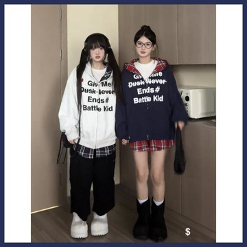 【YWZ】【純欲】秋季新款美式街頭假兩件拼接格子連帽帽T 大學T寬鬆外套個性潮
