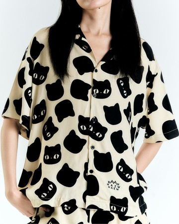 Polka Cat 夏威夷襯衫 - 黑米色 點點貓印花夏威夷襯衫