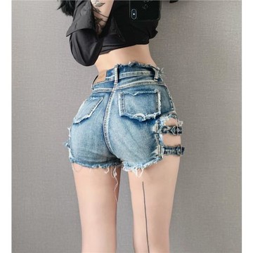 性感辣妹美式復古做舊緊身彈力毛邊牛仔短褲女高腰顯瘦舞蹈熱褲夏