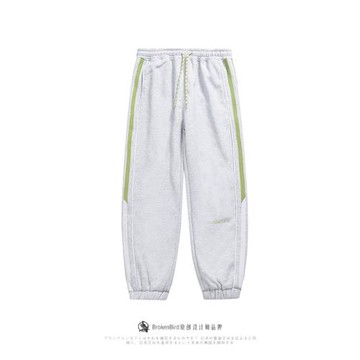 條紋拼接加絨束腳衛褲男秋冬季美式潮牌直筒寬松加厚休閑運動褲子