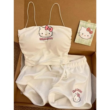 kitty吊帶睡衣 帶胸墊可愛凱蒂貓印花吊帶睡衣套裝女 kitty睡衣 可愛吊帶背心 kitty居家服 睡衣套裝