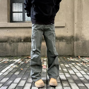 秋冬季復古水洗休閒潮牌闊腿直筒長褲男美式高街工裝褲男