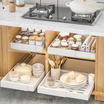 免打孔可伸縮櫥柜拉籃抽拉式置物架下水槽抽屜碗籃廚房收納架神器