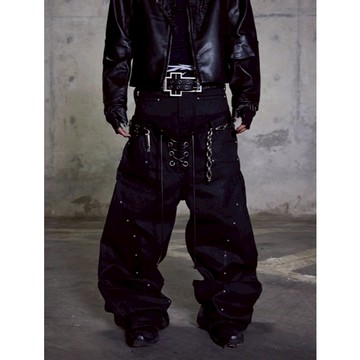 ☆LimeLight☆ DARKRTPTS 25AW小眾雙腰抽繩刷蠟鉚釘直筒牛仔褲重工寬腳拖地長褲