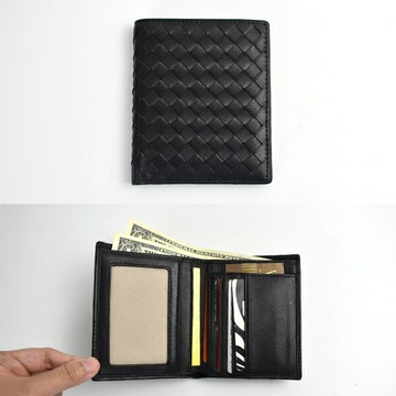 真皮 真編織黑色羊皮對折短夾【NWA47】