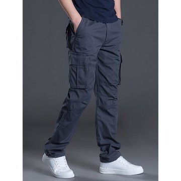男士春秋多口袋休閑長褲寬松直筒中年工裝褲子大碼秋冬加絨工作褲