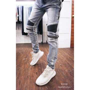 E7th.拼接皮革膝拉鍊機車褲《S/28腰-4XL/40腰》牛仔褲破褲 皮革拼接 顯瘦修身窄管 補丁破壞 膝拉鍊 牛仔褲