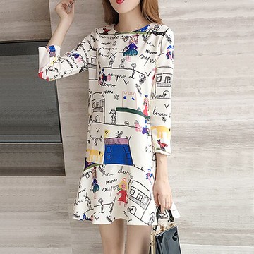 魚尾裙擺七分袖卡通圖案荷葉邊連身裙(花色S~XL) 【OREAD】【限定加碼✿全館滿額再折】