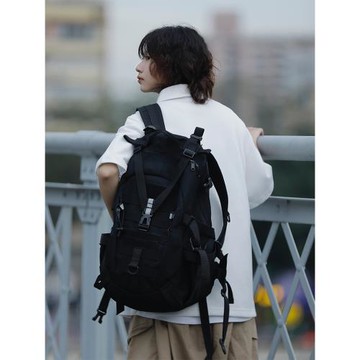 阿于呆 日系戶外機能露營工裝雙肩包 登山運動多口袋旅行男女背包