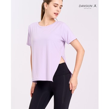 【Danskin】淺紫色修身高彈長版短袖開岔上衣  X5VTS262