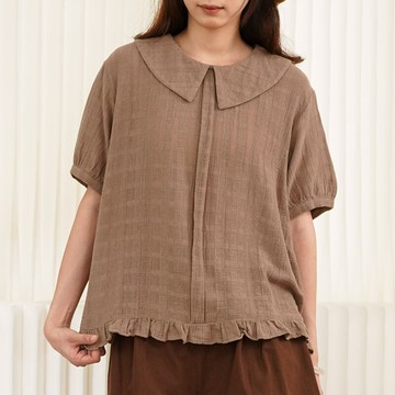 復古 下擺花邊設計翻領上衣121334C