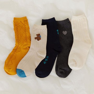 韓國 Daily Like - 女用襪子/中筒襪5入組-復古花紋01 (220~250mm)