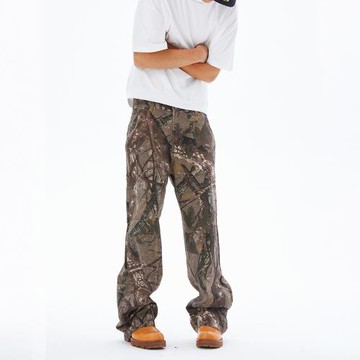 2024迷彩褲美式樹枝迷彩做舊工裝長褲男直筒寬松戶外休閑長褲