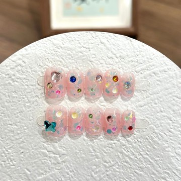 ➕最新設計款穿戴甲💅手工穿戴甲粉透色可拆卸美甲貼片可愛糖果彩鑽亮片光療甲成品短方穿戴甲 M70B