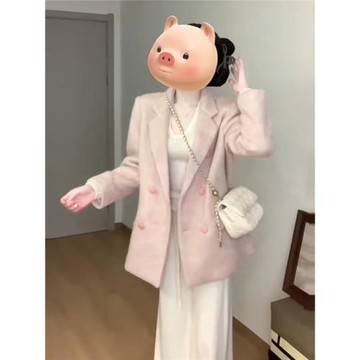 韓系高級感粉色西裝毛呢外套女小個子春季今年流行爆款大衣中長款