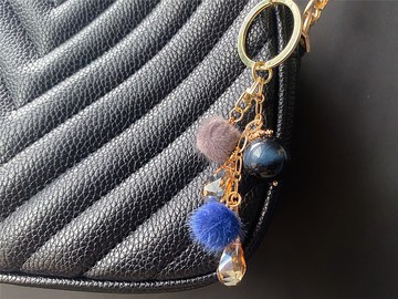 手作 鑰匙圈 藍虎眼石 奧地利水晶 毛球 禮物 高貴 氣質