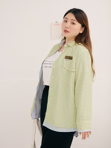 假兩件高含棉撞色格紋長版襯衫罩衫