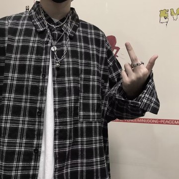春秋格子寬鬆長袖襯衫男 日系港風韓版潮流帥氣復古港味襯衫男