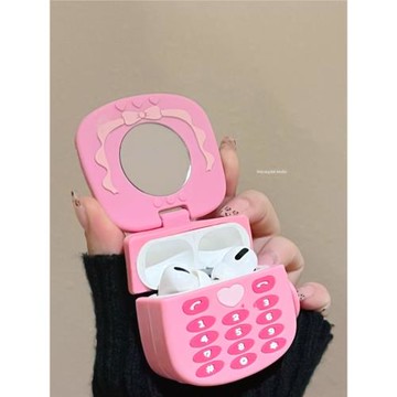 粉色翻蓋小靈通鏡子適用蘋果新3代airpods藍牙無線耳機保護套airpods1/2硅膠軟殼airpodspro二代女生新款小眾