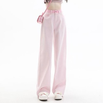 逃離地球淺粉色高腰牛仔褲女夏小個子顯瘦垂感直筒拖地闊腿長褲子