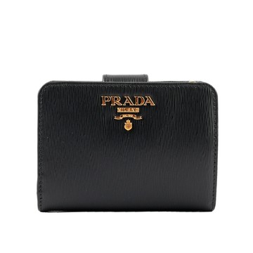 PRADA 浮雕Logo水波紋拉鍊釦式厚款零錢短夾(黑色)