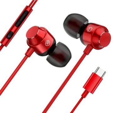 DTAudio 重低音 磁吸線控耳機 附耳機線夾 + 收納包 + 耳帽 3組 Type-c  紅色  K9