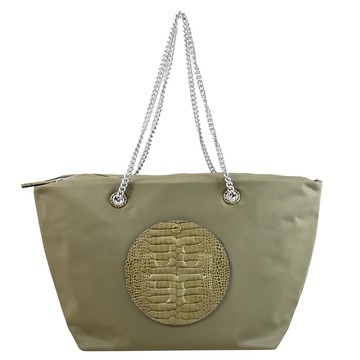 TORY BURCH 169386 Ella 鱷魚壓紋尼龍肩背鍊帶托特包.卡其綠