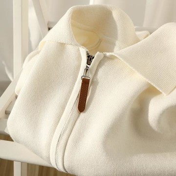 美式復古 奶杏色重磅針織厚實半開領拉鏈Polo衫寬松休閑百搭毛衣