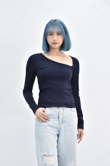 (S) zara 造型領口藍色長袖上衣