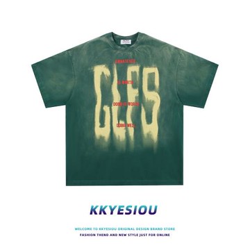 KKyesiou美式復古潮牌做舊短袖T恤男女oversize字母洗水綠情侶裝