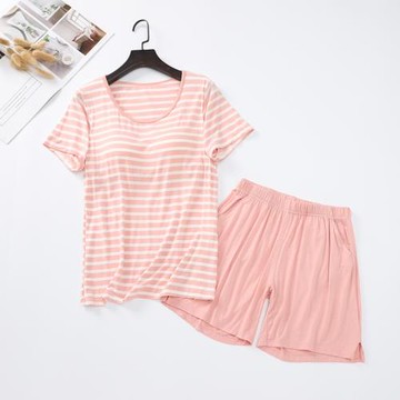 莫代爾半袖帶胸墊條紋T恤短褲套裝免穿文胸短袖家居服薄款女夏季