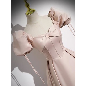 粉色禮服敬酒服訂婚裙法式在逃公主高級感緞面成人禮聲樂藝考長款