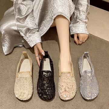 夏季女式樂福鞋鏤空透氣網眼一腳蹬軟底豆豆鞋休閒透氣布鞋防滑休閒鞋有現貨