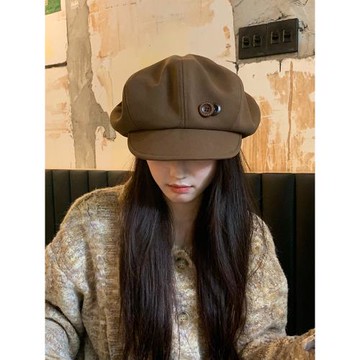 日系棕色帽子女秋冬復古八角帽顯臉小貝雷帽大頭圍紐扣畫家報童帽