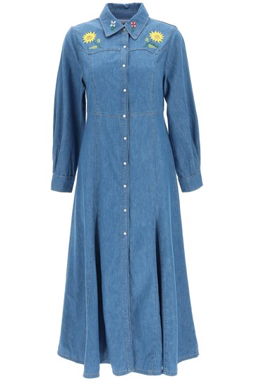 Rixo London - Abito Maddison In Denim Con Ricami