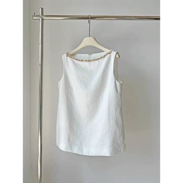 牛X貨 巨炸裂！老錢貴氣一字領重工手工釘珠無袖亞麻背心上衣女夏