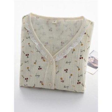 蕾絲花邊V領櫻桃碎花睡衣女春秋夏季純棉紗布薄款長袖家居服套裝