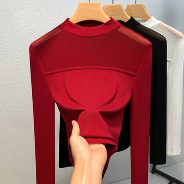 專注內搭-立領網紗拼接薄內搭緊身上衣(三色 S-3XL可選)