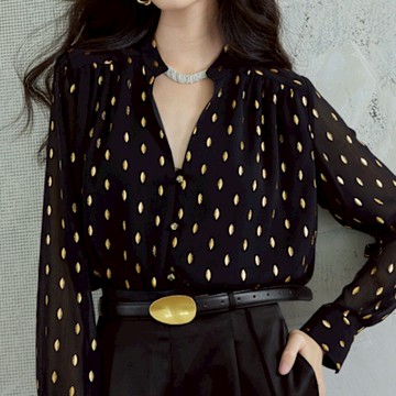 【Paiya派亞】燙金雪紡金葉圖案灑金玻璃扣上衣小立領寬松直筒襯衫女(S-2XL可穿)